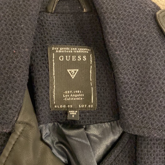 GUESS Navy & Black Wool Trench Coat with faux Leather & Zipper Detail - Picture 4 of 10